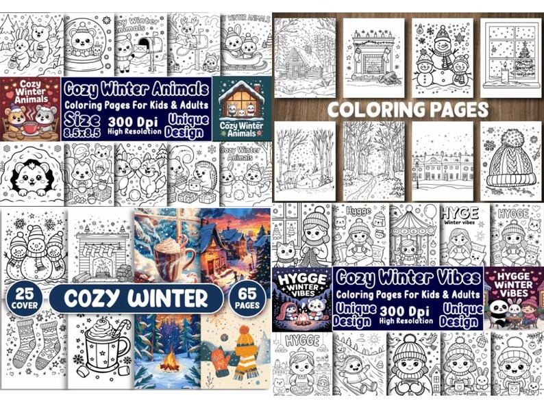 May include: A collection of winter-themed coloring books for kids and adults. The covers feature cozy winter animals, winter scenes, and the text "Cozy Winter Animals", "Cozy Winter Vibes", and "Cozy Winter".