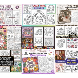 May include: Collection of coloring books with cozy themes, including "Cozy Hygge," "Cozy Girl," and "Fall Vibes." Each book features bold, easy coloring pages with various illustrations, such as scenes, objects, and characters. The covers display the book titles and page counts.