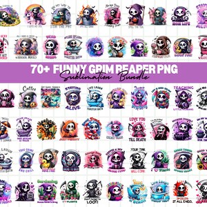 Puede incluir: Una colección de más de 70 diseños PNG de la Parca divertida para sublimación. Cada diseño presenta una Parca de dibujos animados en varias poses y entornos, con frases como "Coffee is my blood type" y "Don't get murdered".