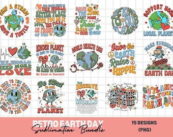 May include: A collection of 15 retro-style designs with Earth Day themes. The designs feature phrases like "Save the Bees," "Be Kind to Our Planet," and "Support Your Local Planet," along with illustrations of the Earth, bees, and flowers. The bundle is labeled "Retro Earth Day Sublimation Bundle."