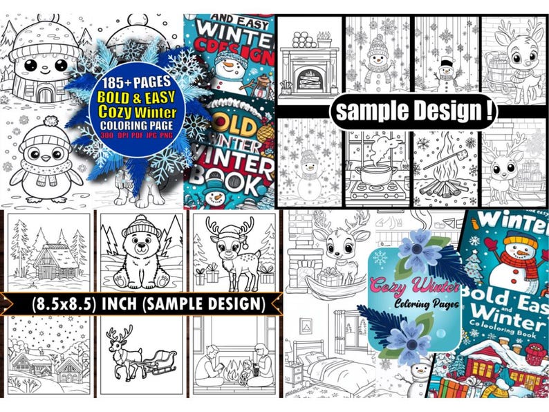 May include: A collection of winter-themed coloring pages. The cover features a snowman and penguin. The pages include illustrations of snowmen, reindeer, cozy cabins, and winter scenes. The book is 8.5 x 8.5 inches and includes the text "Bold & Easy Cozy Winter Coloring Page".