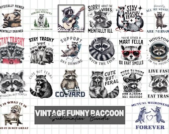 Vintage Funny Raccoon PNG Bundle | Quirky Retro Raccoon Designs for Crafting