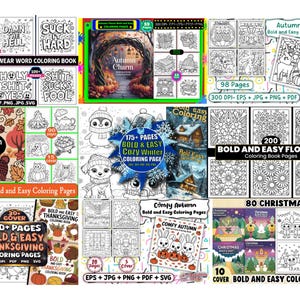 May include: Collection of coloring books with various themes, including swear words, autumn, winter, flowers, Thanksgiving, and Christmas. Each book cover features illustrations and the words "Bold and Easy Coloring Pages."