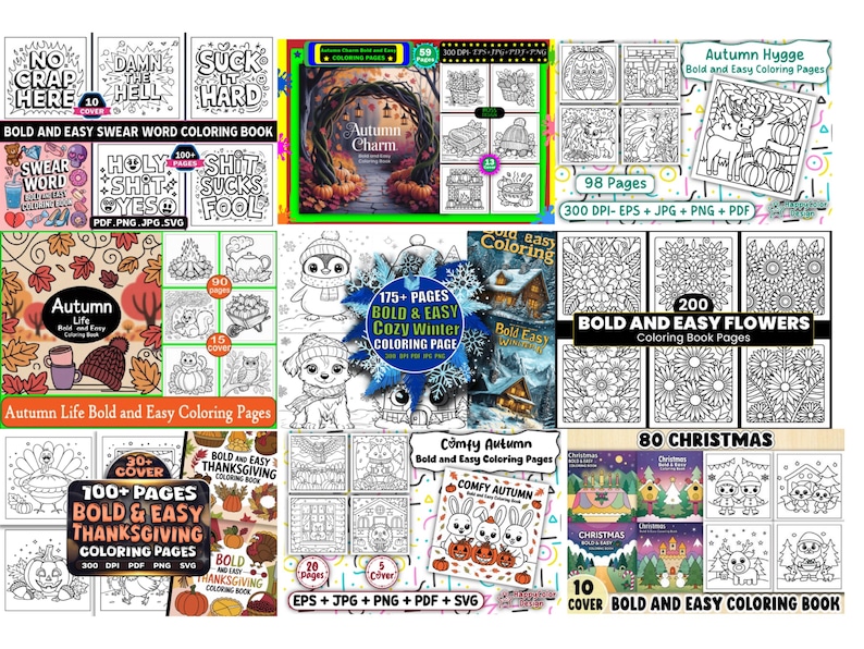 May include: Collection of coloring books with various themes, including swear words, autumn, winter, flowers, Thanksgiving, and Christmas. Each book cover features illustrations and the words "Bold and Easy Coloring Pages."