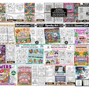 May include: A collection of coloring books with various themes, including puppies, marijuana, relaxation, spooky art, stoner girl, flowers, hygge place, landscapes, and magic jars. Each book features bold and easy coloring pages.