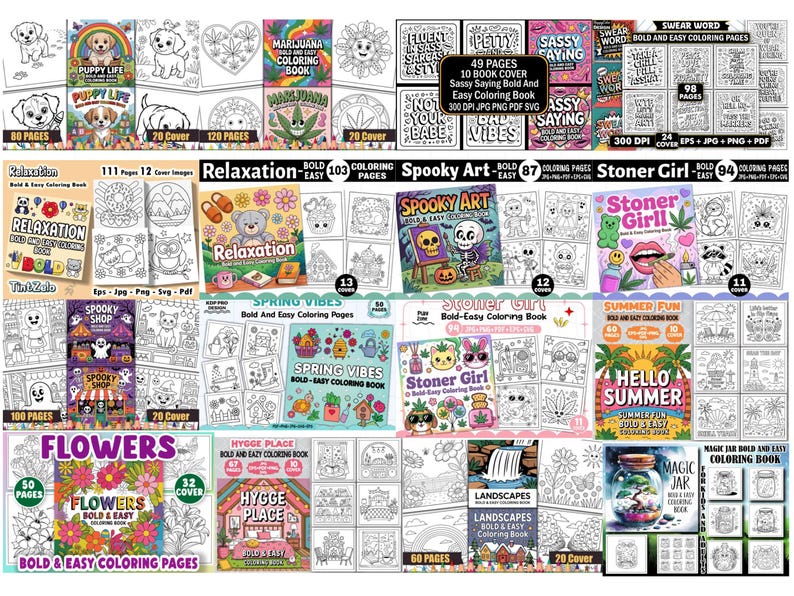 May include: A collection of coloring books with various themes, including puppies, marijuana, relaxation, spooky art, stoner girl, flowers, hygge place, landscapes, and magic jars. Each book features bold and easy coloring pages.