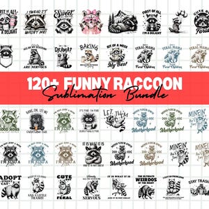 K&ouml;nnte beinhalten: Eine Sammlung von Designs zum Thema Waschb&auml;r mit verschiedenen Phrasen und Illustrationen. Die Designs zeigen Waschb&auml;ren mit Texten wie "I'm a delight", "Cute but feral" und "Good Moms". Das Bild ist ein Sublimations-Bundle.