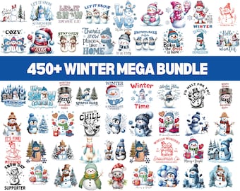 May include: A collection of winter-themed graphics featuring snowmen, penguins, and winter scenery. The designs include text like "Let it Snow," "Cozy," and "Winter Wishes." The image is labeled "450+ WINTER MEGA BUNDLE."