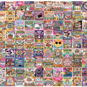 May include: A collection of colorful coloring books with various themes, including animals, holidays, and relaxation. The books feature whimsical illustrations and titles like "Cozy Animal" and "Witchy Vibes."