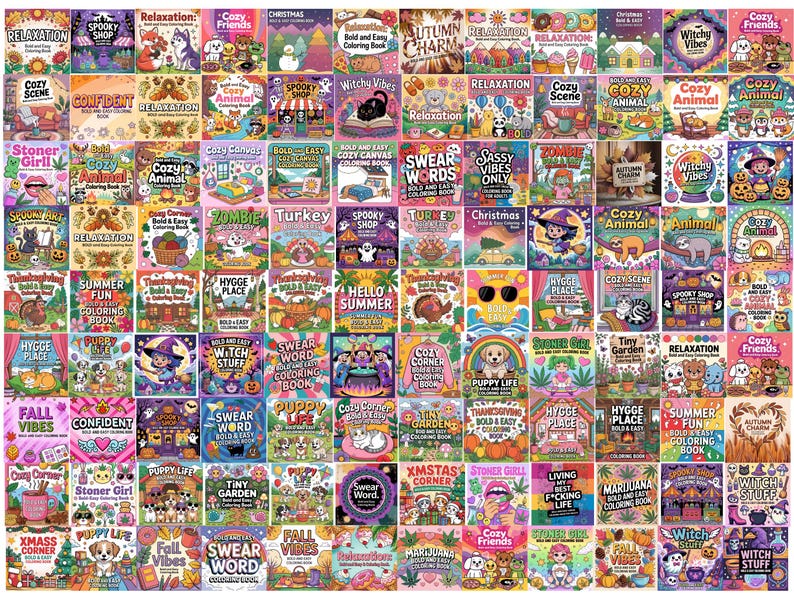May include: A collection of colorful coloring books with various themes, including animals, holidays, and relaxation. The books feature whimsical illustrations and titles like "Cozy Animal" and "Witchy Vibes."