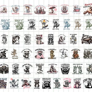 K&ouml;nnte beinhalten: Sammlung von Grafiken zum Thema Waschb&auml;r mit verschiedenen Phrasen. Designs zeigen Waschb&auml;ren mit Texten wie "Stay Trashy", "Unhinged and Feral" und "Cute Feral". Die Bilder sind in Schwarz, Wei&szlig; und Graut&ouml;nen gehalten.