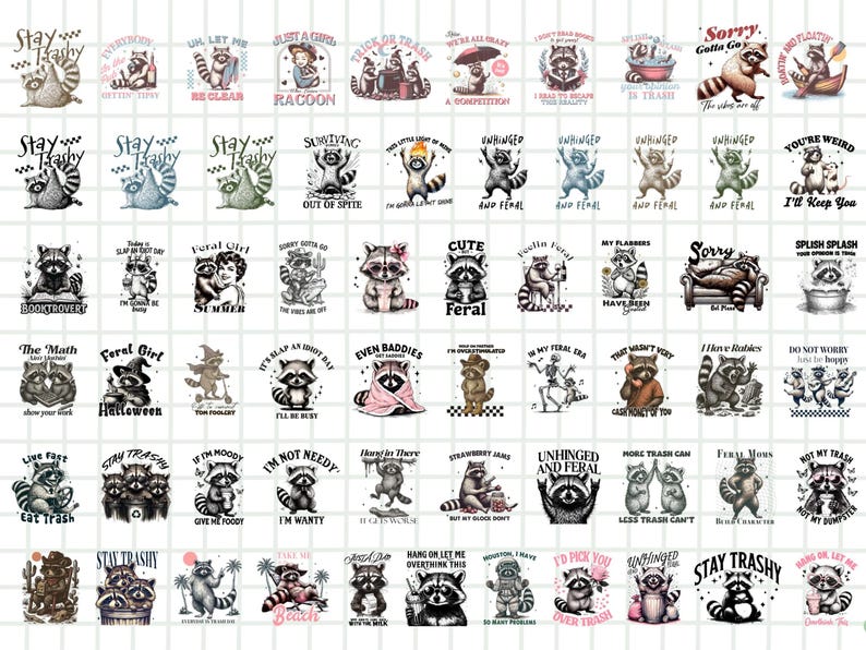 K&ouml;nnte beinhalten: Sammlung von Grafiken zum Thema Waschb&auml;r mit verschiedenen Phrasen. Designs zeigen Waschb&auml;ren mit Texten wie "Stay Trashy", "Unhinged and Feral" und "Cute Feral". Die Bilder sind in Schwarz, Wei&szlig; und Graut&ouml;nen gehalten.