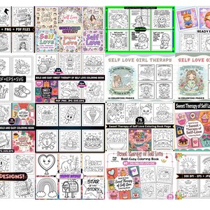 Puede incluir: Una colecci&oacute;n de portadas de libros para colorear y dise&ntilde;os de muestra. Las portadas presentan las palabras "Self Love" y "Sweet Therapy" con varias ilustraciones. Los dise&ntilde;os incluyen corazones, cupcakes y citas inspiradoras.
