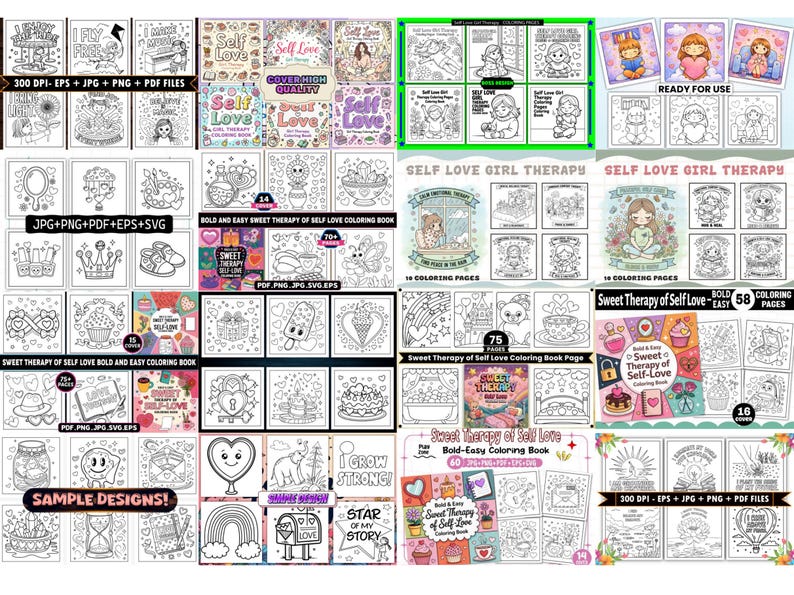 Puede incluir: Una colecci&oacute;n de portadas de libros para colorear y dise&ntilde;os de muestra. Las portadas presentan las palabras "Self Love" y "Sweet Therapy" con varias ilustraciones. Los dise&ntilde;os incluyen corazones, cupcakes y citas inspiradoras.