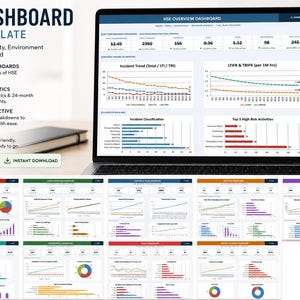 Op de afbeelding: Een laptop toont een HSE Dashboard Excel-sjabloon met grafieken en diagrammen. Het scherm toont datavisualisaties voor gezondheid, veiligheid en milieumanagement. De sjabloon bevat real-time analyses en 9 gedetailleerde dashboards. De tekst luidt "HSE DASHBOARD EXCEL TEMPLATE".