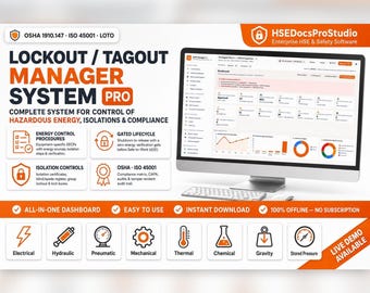 Lockout Tagout System, LOTO Procedures, Lock Register and Isolation Log, OSHA 1910.147 Energy Control, Offline App