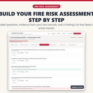 Guided fire risk assessment questions with evidence from the log book shown beside each question.