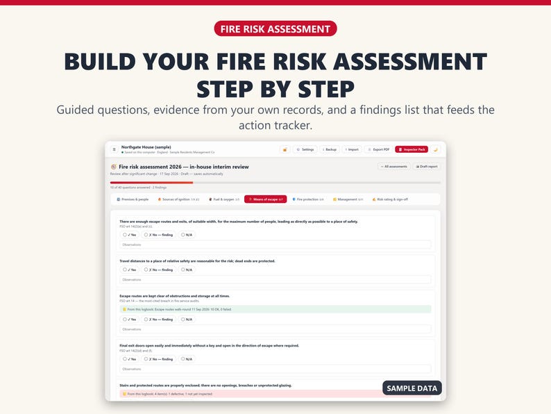 Guided fire risk assessment questions with evidence from the log book shown beside each question.