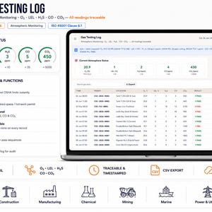 May include: A digital interface for a Gas Testing Log displayed on a laptop screen, featuring atmospheric monitoring data for O2, LEL, H2S, CO, and CO2. The dashboard includes status gauges, a detailed data table with timestamps, and icons for various industrial sectors.