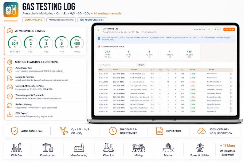 May include: A digital interface for a Gas Testing Log displayed on a laptop screen, featuring atmospheric monitoring data for O2, LEL, H2S, CO, and CO2. The dashboard includes status gauges, a detailed data table with timestamps, and icons for various industrial sectors.