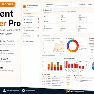 May include: Digital product image of the "Incident Tracker Pro" dashboard. The interface displays data visualizations, charts, and graphs. The product description includes the text "Track. Investigate. Prevent." and "Powerful Dashboards".