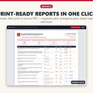 Print preview of a fire safety action report with summary figures, ready to print or save as PDF.
