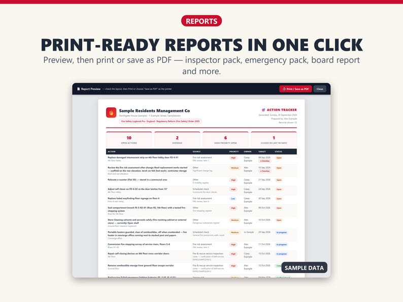 Print preview of a fire safety action report with summary figures, ready to print or save as PDF.