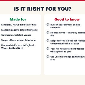 Who the fire safety log book is for and what to know before buying: runs in the browser on one computer and keeps records only.