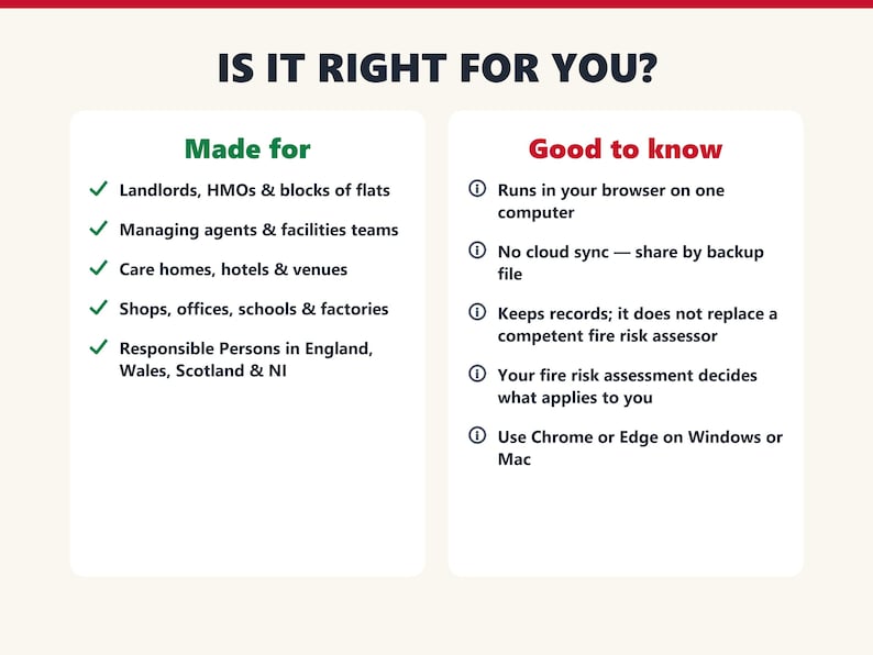 Who the fire safety log book is for and what to know before buying: runs in the browser on one computer and keeps records only.