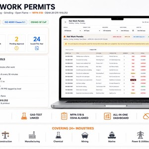 May include: A laptop displaying a Hot Work Permits software dashboard with an overview of active permits, high-risk tasks, and pending approvals. The interface includes key features like fire watch requirements, gas testing, and compliance with NFPA 518 and OSHA 1910.252 standards for various industrial sectors.