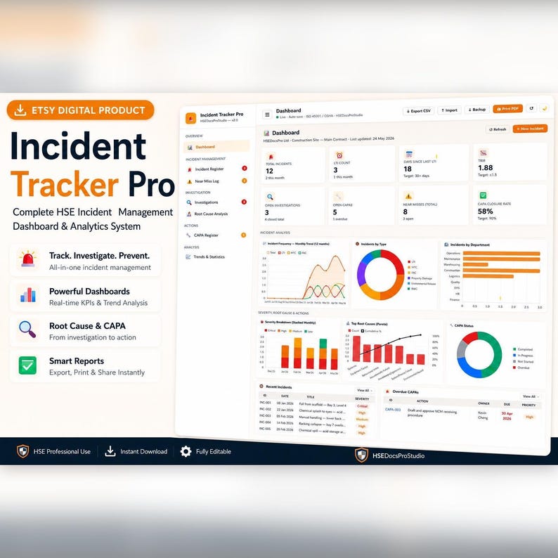 HSE Incident Tracker Pro, Accident Log, Root Cause Analysis, TRIR Calculator (Digital Download)