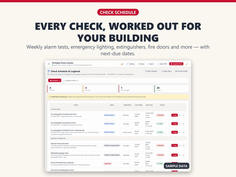 Fire safety check schedule listing weekly, monthly and annual checks with last done and next due dates.