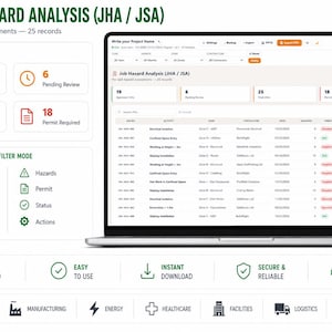K&ouml;nnte beinhalten: Ein Laptop-Bildschirm zeigt ein Dashboard zur Gef&auml;hrdungsbeurteilung mit Datentabellen, Statusanzeigen und Filteroptionen. Die Benutzeroberfl&auml;che enth&auml;lt Bereiche f&uuml;r genehmigte, ausstehende und gesamte Datens&auml;tze sowie Symbole f&uuml;r verschiedene Industriezweige.