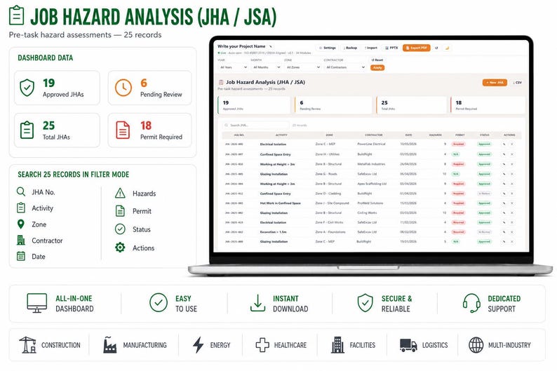 K&ouml;nnte beinhalten: Ein Laptop-Bildschirm zeigt ein Dashboard zur Gef&auml;hrdungsbeurteilung mit Datentabellen, Statusanzeigen und Filteroptionen. Die Benutzeroberfl&auml;che enth&auml;lt Bereiche f&uuml;r genehmigte, ausstehende und gesamte Datens&auml;tze sowie Symbole f&uuml;r verschiedene Industriezweige.