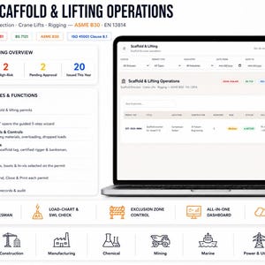 May include: A laptop displaying a Scaffold & Lifting Operations software dashboard. The interface features an overview of active operations, high-risk tasks, and pending approvals, alongside a list of section features, functions, and industry icons.