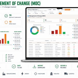 K&ouml;nnte beinhalten: Ein Laptop-Bildschirm zeigt ein Management of Change (MOC) Dashboard mit Datenvisualisierungen, darunter ein Ringdiagramm, Balkendiagramme und eine detaillierte Tabelle zur Verfolgung von 17 &Auml;nderungen, mit Abschnitten f&uuml;r Daten und Analysen.