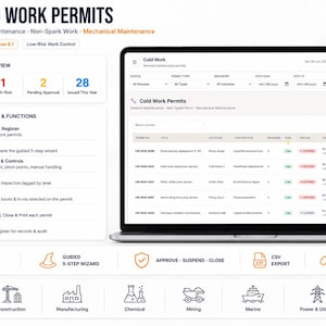 May include: A digital interface for Cold Work Permits displayed on a laptop screen, featuring a dashboard with permit statistics, a searchable register, and a list of active permits. The layout includes sections for maintenance, safety controls, and industry icons.
