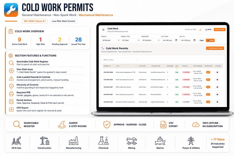 May include: A digital interface for Cold Work Permits displayed on a laptop screen, featuring a dashboard with permit statistics, a searchable register, and a list of active permits. The layout includes sections for maintenance, safety controls, and industry icons.