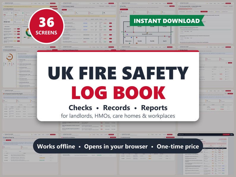 UK Fire Safety Log Book, Digital Tracker for Landlords, HMOs, Care Homes (Instant Download)