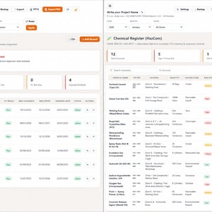 K&ouml;nnte beinhalten: Eine digitale Dashboard-Oberfl&auml;che mit zwei getrennten Bereichen: Atemschutz und Chemikalienregister (HazCom). Das Layout umfasst Datentabellen, Statusanzeigen und zusammenfassende Kennzahlen zur &Uuml;berwachung der Arbeitssicherheit.