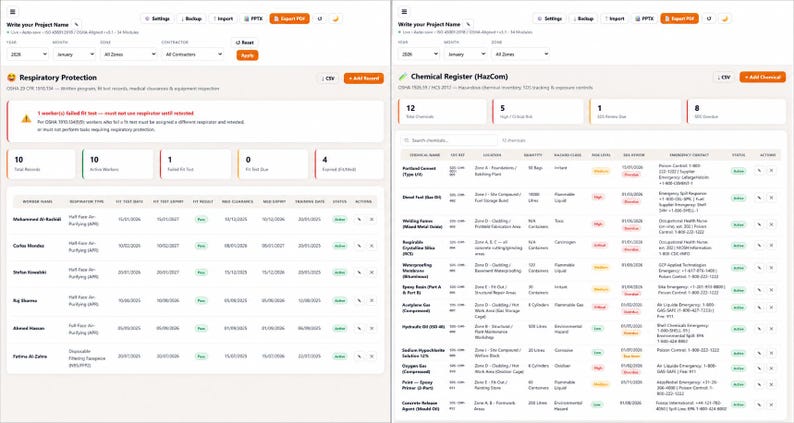 K&ouml;nnte beinhalten: Eine digitale Dashboard-Oberfl&auml;che mit zwei getrennten Bereichen: Atemschutz und Chemikalienregister (HazCom). Das Layout umfasst Datentabellen, Statusanzeigen und zusammenfassende Kennzahlen zur &Uuml;berwachung der Arbeitssicherheit.
