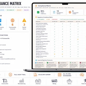 May include: A digital dashboard titled Compliance Matrix displayed on a laptop screen, featuring a grid of regulatory requirements, compliance scores, and framework summary cards for industries like oil, gas, construction, and manufacturing.