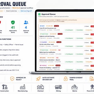 May include: A laptop screen displaying an Approval Queue software interface with a multi-level workflow dashboard. The screen shows permit statuses, approval levels, and industry icons including Oil & Gas, Construction, and Manufacturing.