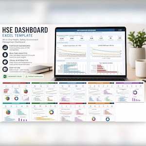 Modello Excel per il monitoraggio degli indicatori chiave di prestazione (KPI) in materia di sicurezza, dashboard per i report mensili HSE, foglio di calcolo per il registro degli incidenti e dei quasi incidenti.