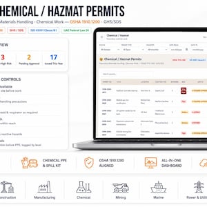 May include: A digital dashboard interface for Chemical and Hazmat Permits displayed on a laptop screen. The layout includes a Hazmat Overview section, Key Features and Controls, and a table listing permit statuses, locations, and risk levels.