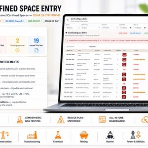 May include: A digital dashboard for Confined Space Entry management displayed on a laptop screen. The interface shows permit elements, risk levels, and active entries. Icons represent industries like oil, gas, construction, and mining.