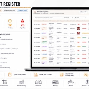 May include: A laptop screen displaying a Permit Register software interface with a dashboard showing permit statistics, a detailed data table of permits, and a list of supported industries including oil, gas, construction, and manufacturing.