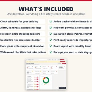 What the fire safety log book includes, from alarm, lighting and extinguisher logs to print-ready inspector reports.