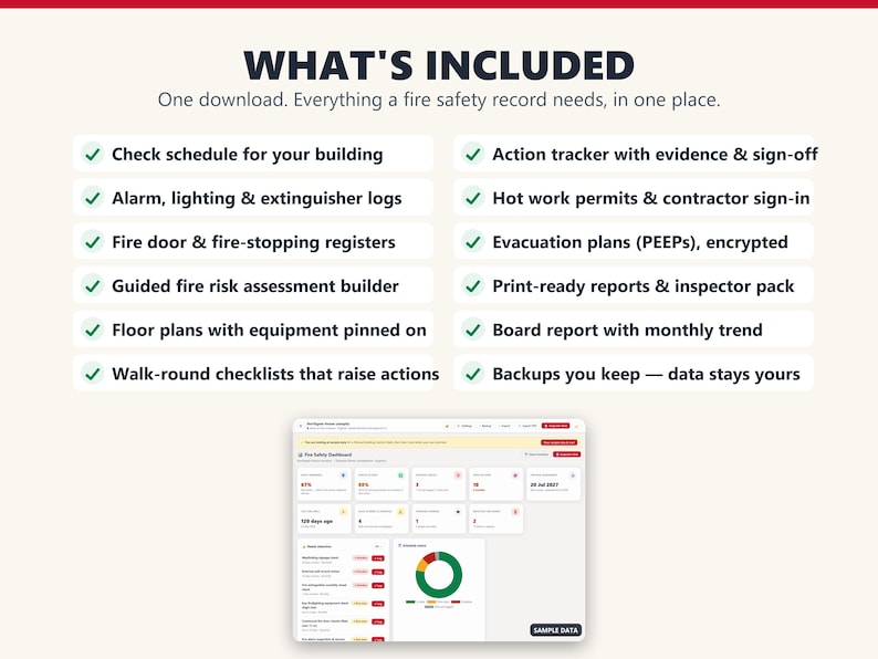 What the fire safety log book includes, from alarm, lighting and extinguisher logs to print-ready inspector reports.