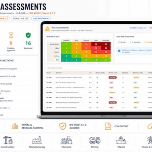 May include: A digital dashboard interface titled Risk Assessments displaying a 5x5 risk matrix, statistical summaries, and a list of safety evaluations. The screen features color-coded severity levels, activity logs, and icons representing various industrial sectors.